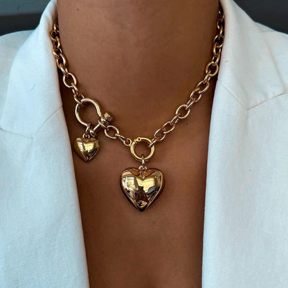 Gold Puff Heart Necklace | Heart Necklace, Puffy Heart Necklace, Puffed Heart Pendant, Chunky Heart Pendant, Front Clasp Charm Holder