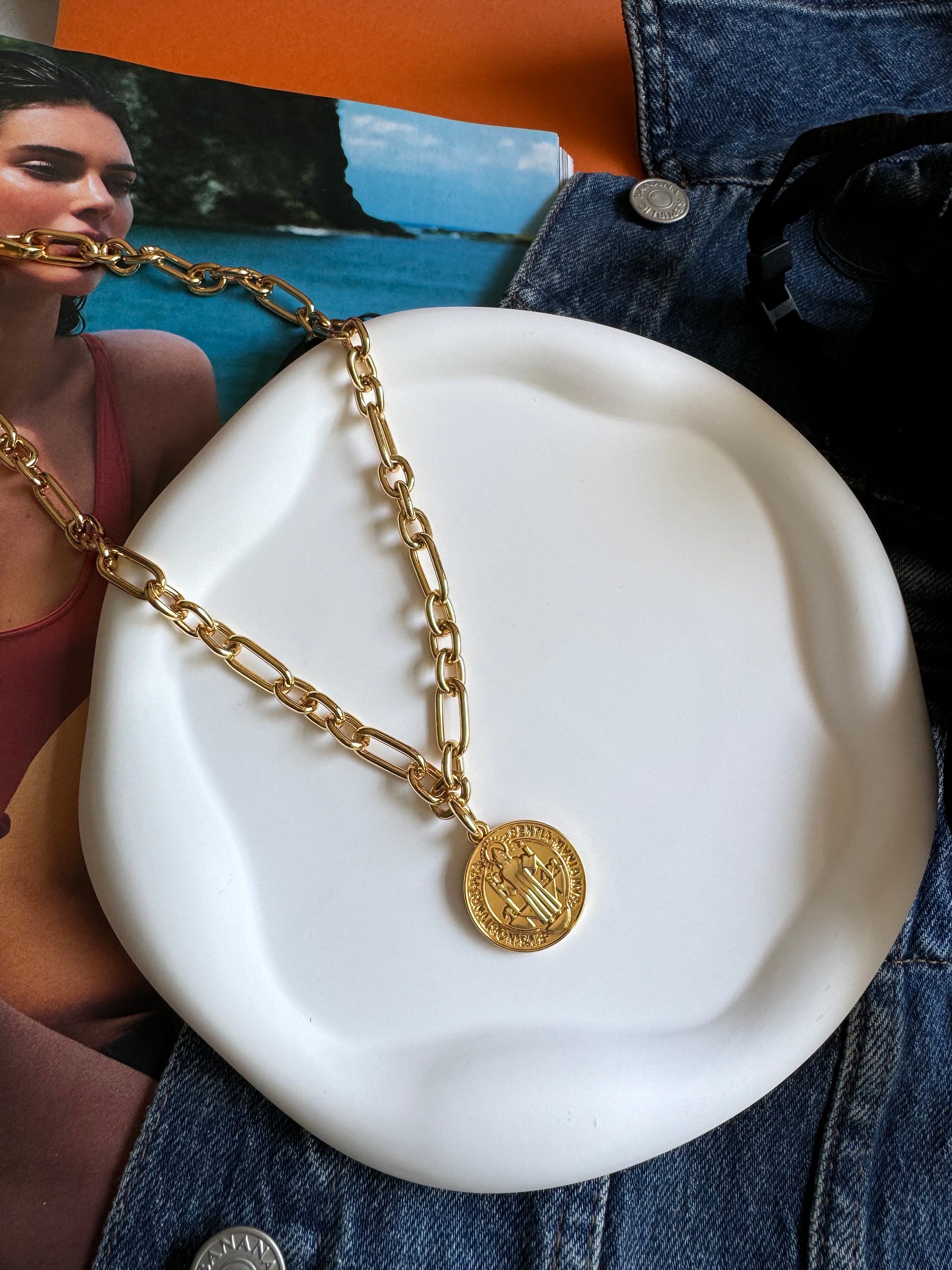 Gold Benedict Coin Charm Necklace | Layered Necklace Set, Initial Necklace, Rope Necklace Chain