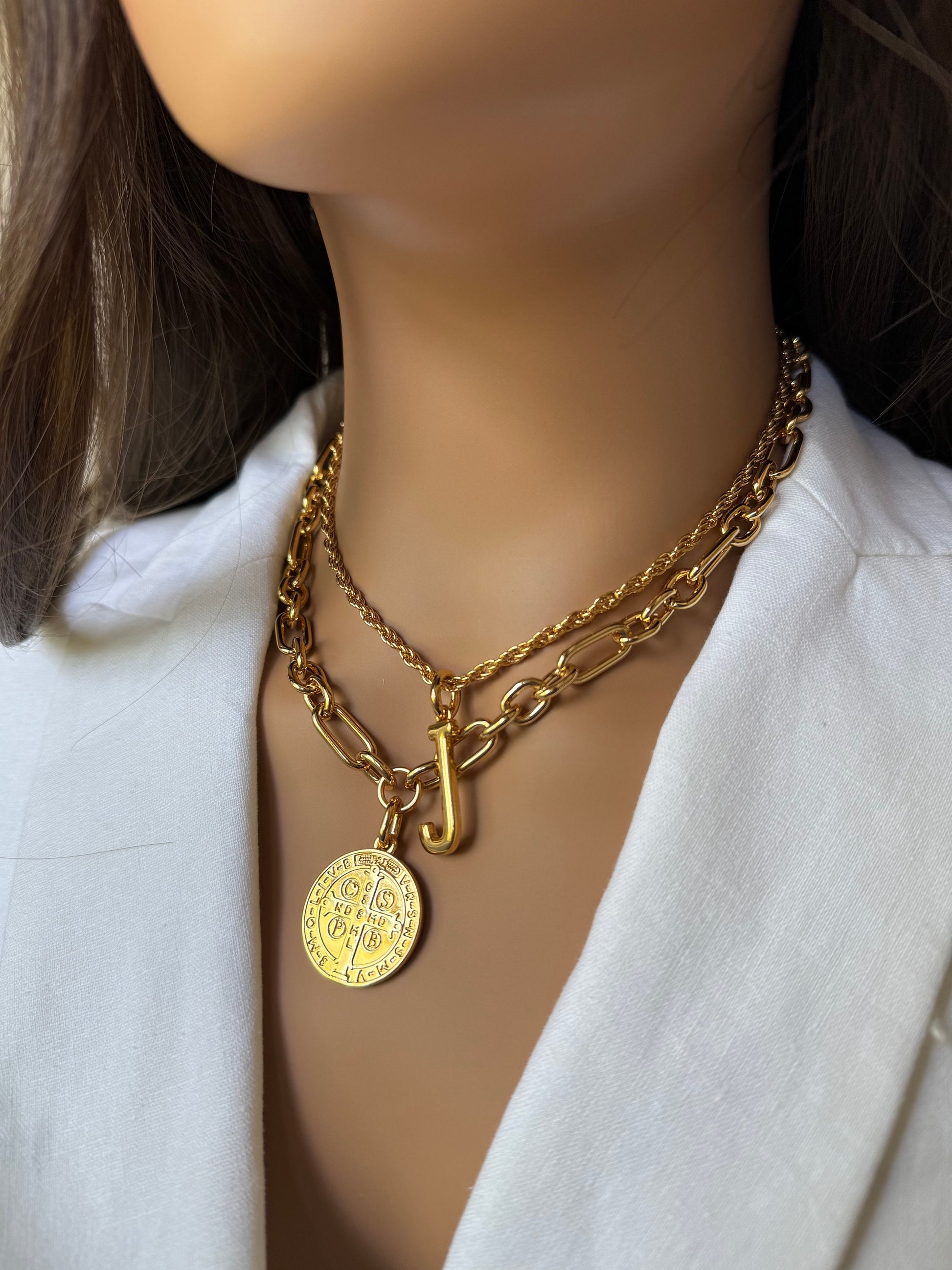 Gold Benedict Coin Charm Necklace | Layered Necklace Set, Initial Necklace, Rope Necklace Chain