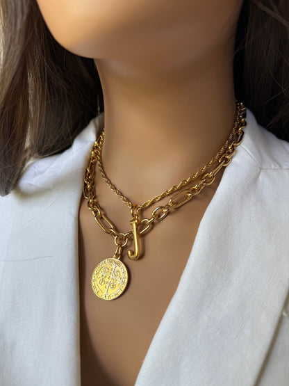 Initial letter chain necklace layered with a Benedict coin pendant