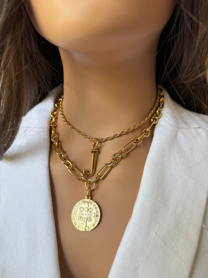 Gold St. Benedict protective coin charm necklace, layered set