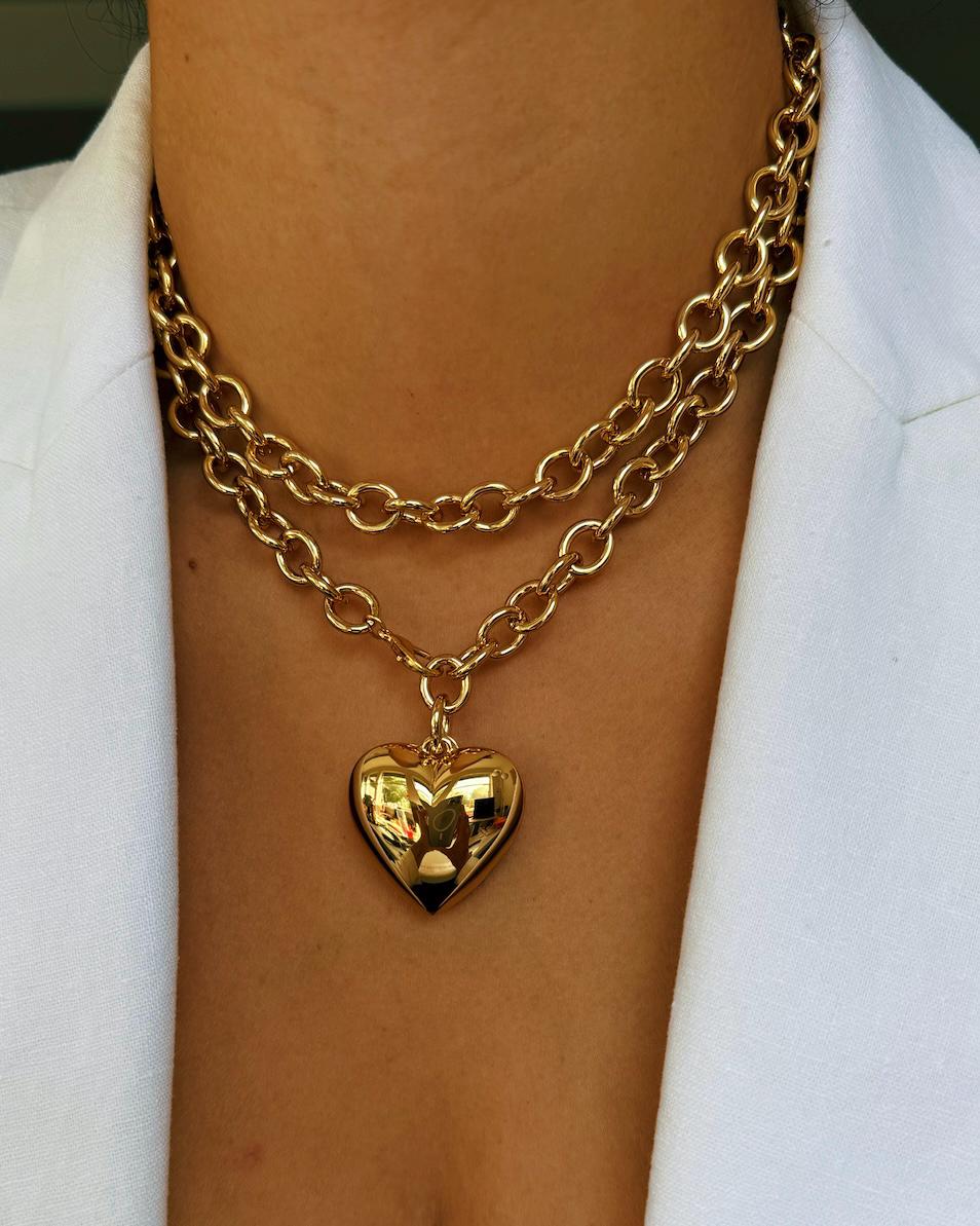 33” Gold Love Puff Heart Necklace | Long Gold Puffy Love Heart Pendant | Heart Bracelet Charm Big Love Heart Pendant Necklace Gift For Her