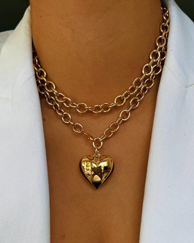 33” Gold Love Puff Heart Necklace | Long Gold Puffy Love Heart Pendant | Heart Bracelet Charm Big Love Heart Pendant Necklace Gift For Her