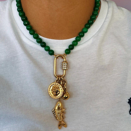 Gemstone beaded charm necklace with gold carabiner clasp — AVINZIA handmade jewelry