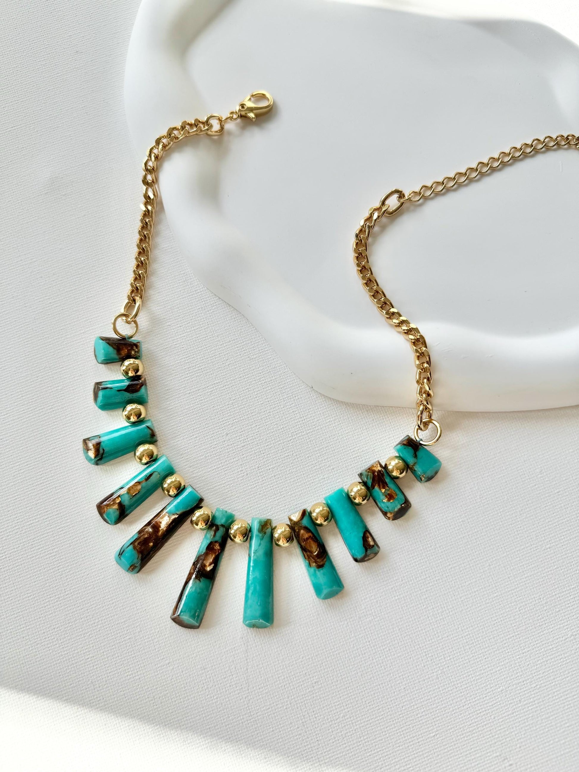 Assembled Bronzite and Synthetic Turquoise Beads Necklace | Graduated Fan Pendants Chain Necklace