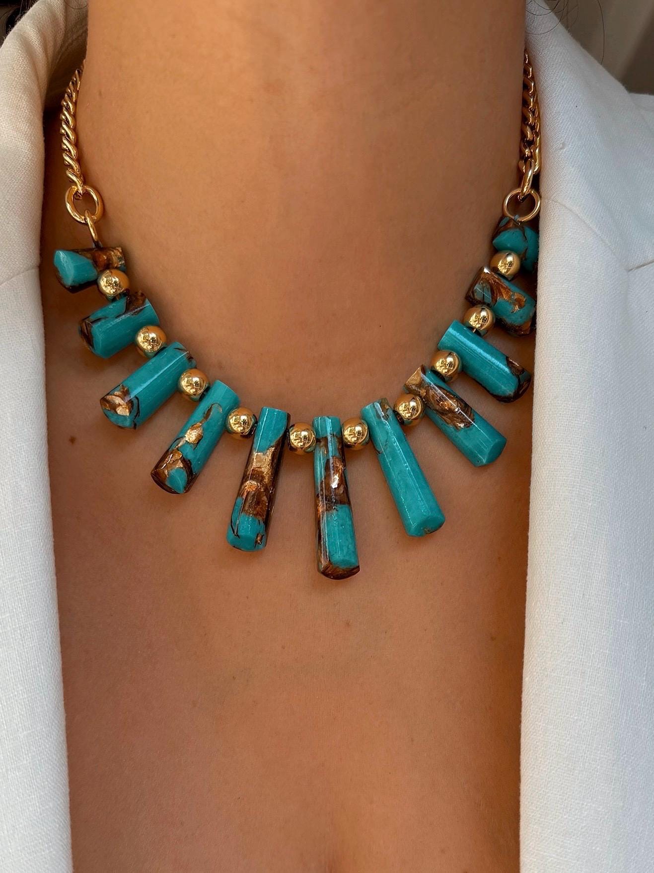 Assembled Bronzite and Synthetic Turquoise Beads Necklace | Graduated Fan Pendants Chain Necklace