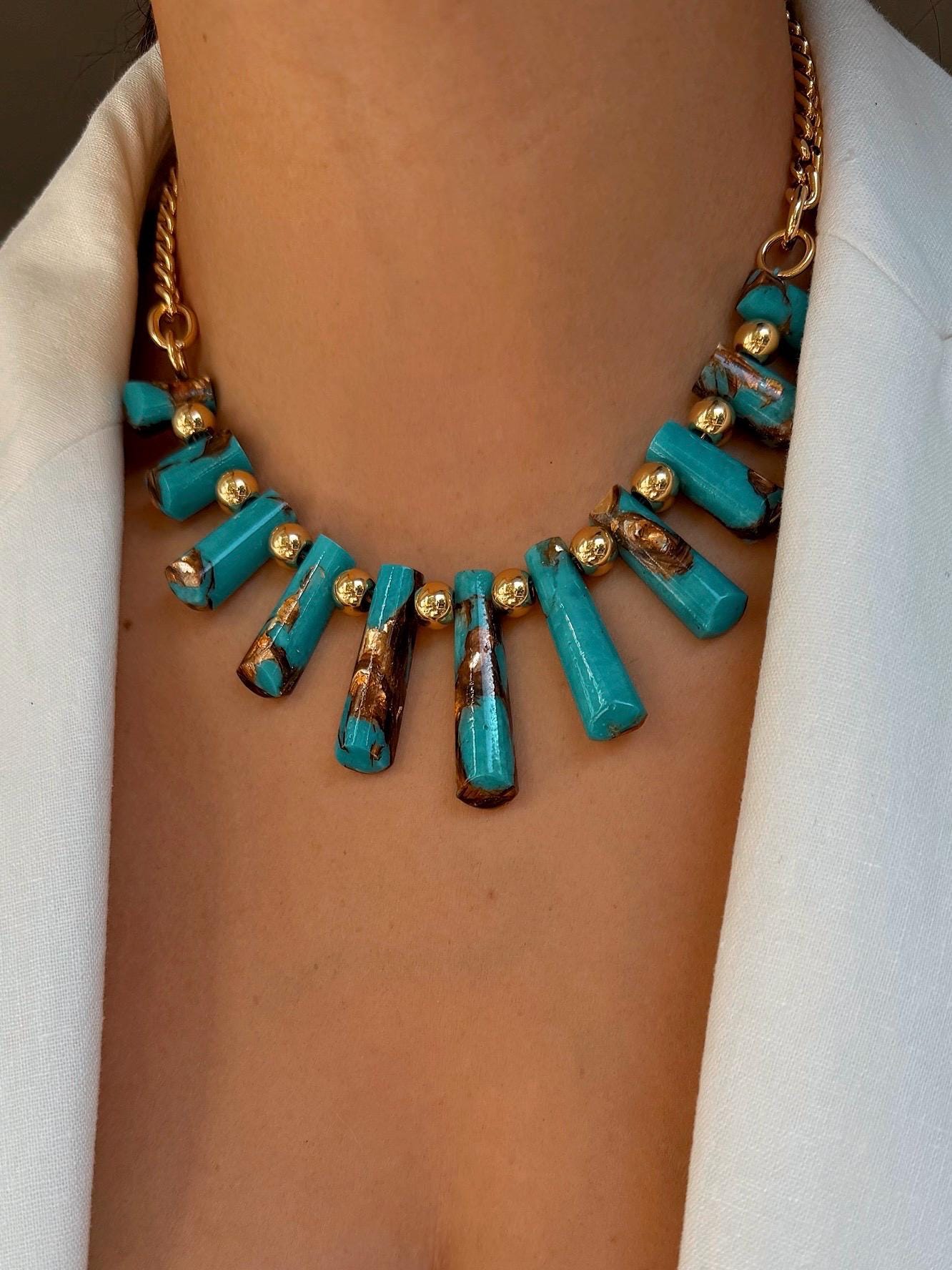 Assembled Bronzite and Synthetic Turquoise Beads Necklace | Graduated Fan Pendants Chain Necklace