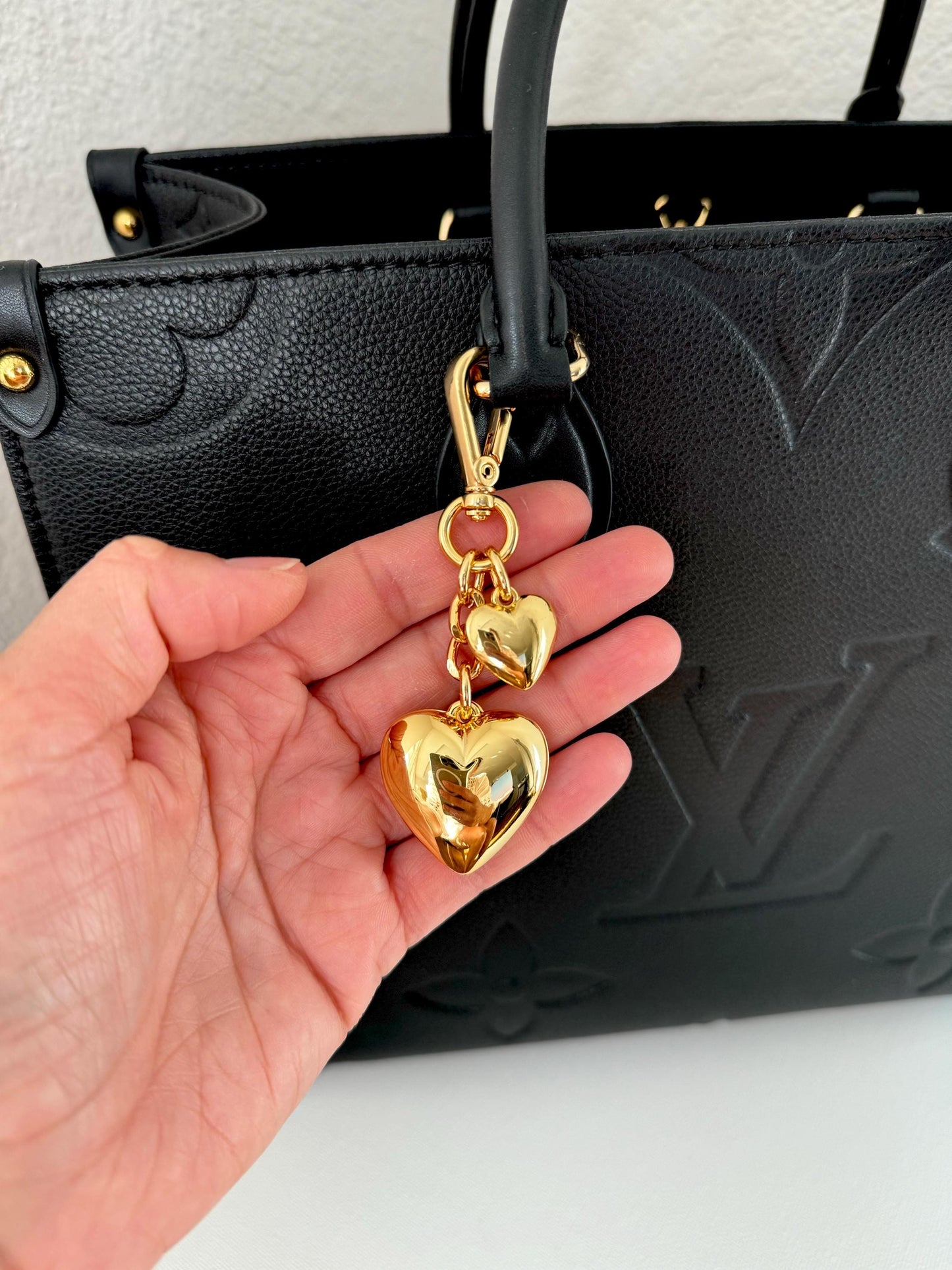 Puffy Heart Bag Charm | Gold Puffed Heart Keychain | Purse Charm | Heart Keychain Holder