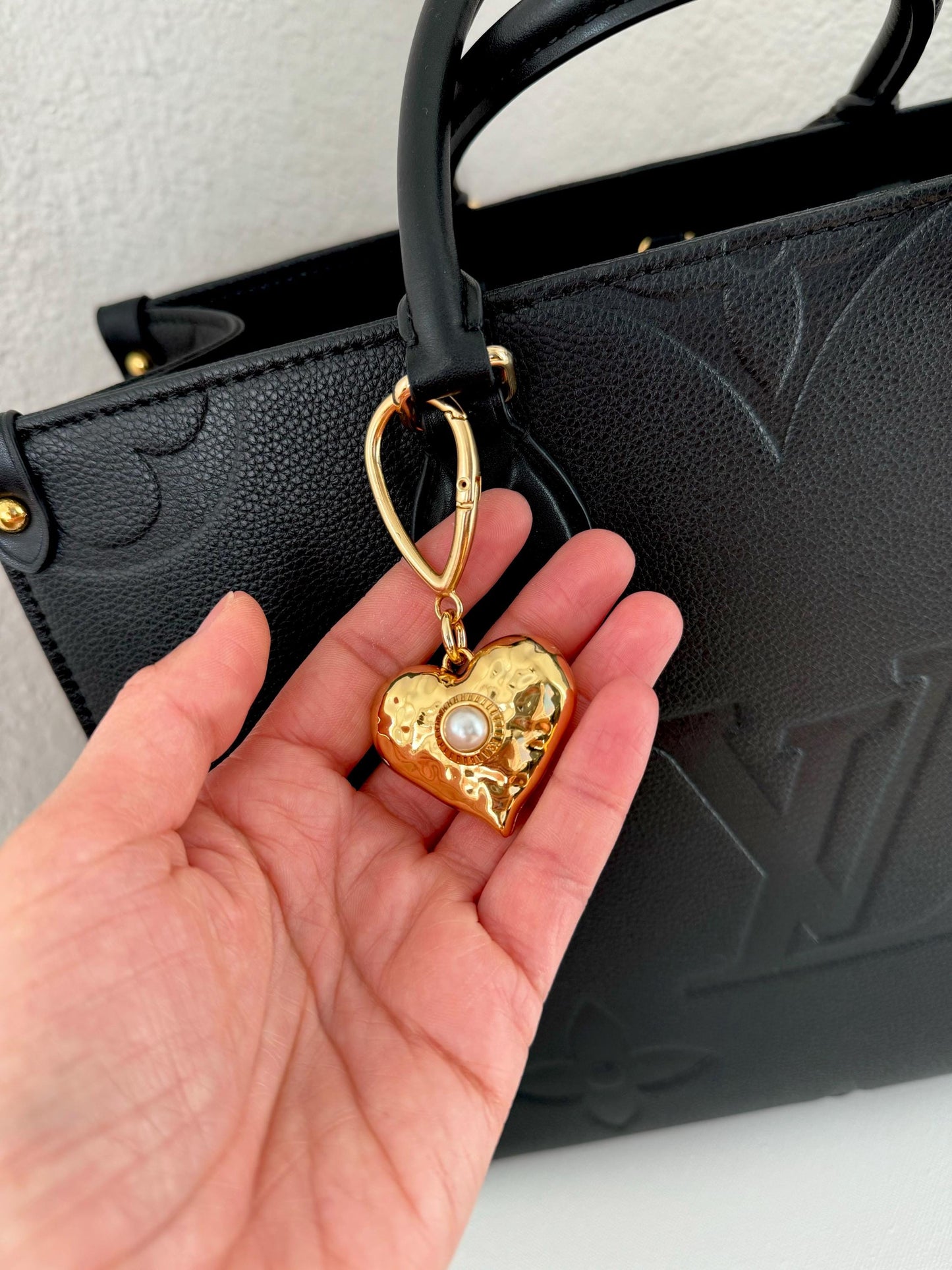 Puffy Heart Bag Charm | Gold Puffed Heart Keychain | Purse Charm | Heart Keychain Holder