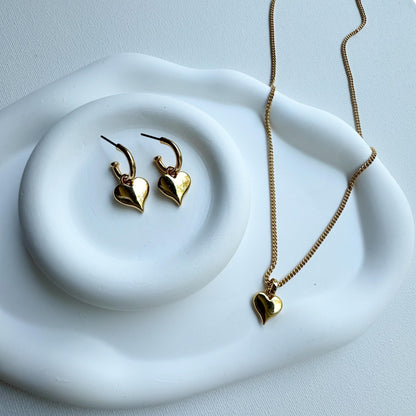 Gold heart charm earrings and necklace set — AVINZIA handmade jewelry