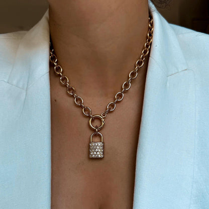 Lock padlock pendant necklace on paperclip chain by AVINZIA — handmade coastal jewelry