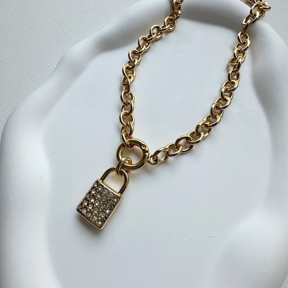 Lock padlock pendant necklace on paperclip chain by AVINZIA