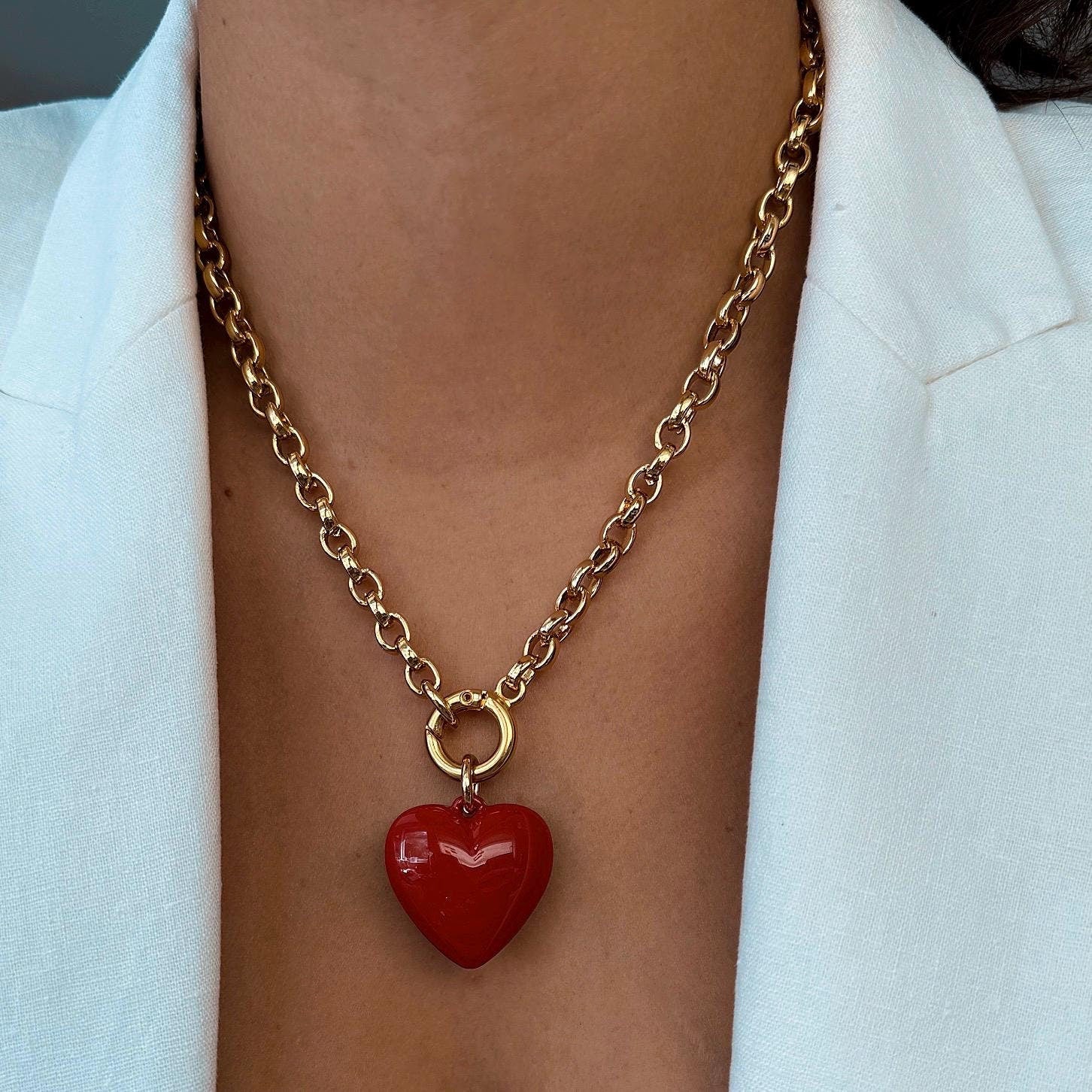 18” Gold Love Puff Heart Necklace | Large Gold Puffy Love Heart Pendant | Heart Necklace Charm Big Love Heart Pendant Necklace Gift For Her
