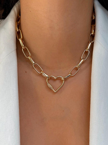Gold heart carabiner necklace on chunky square link chain – AVINZIA