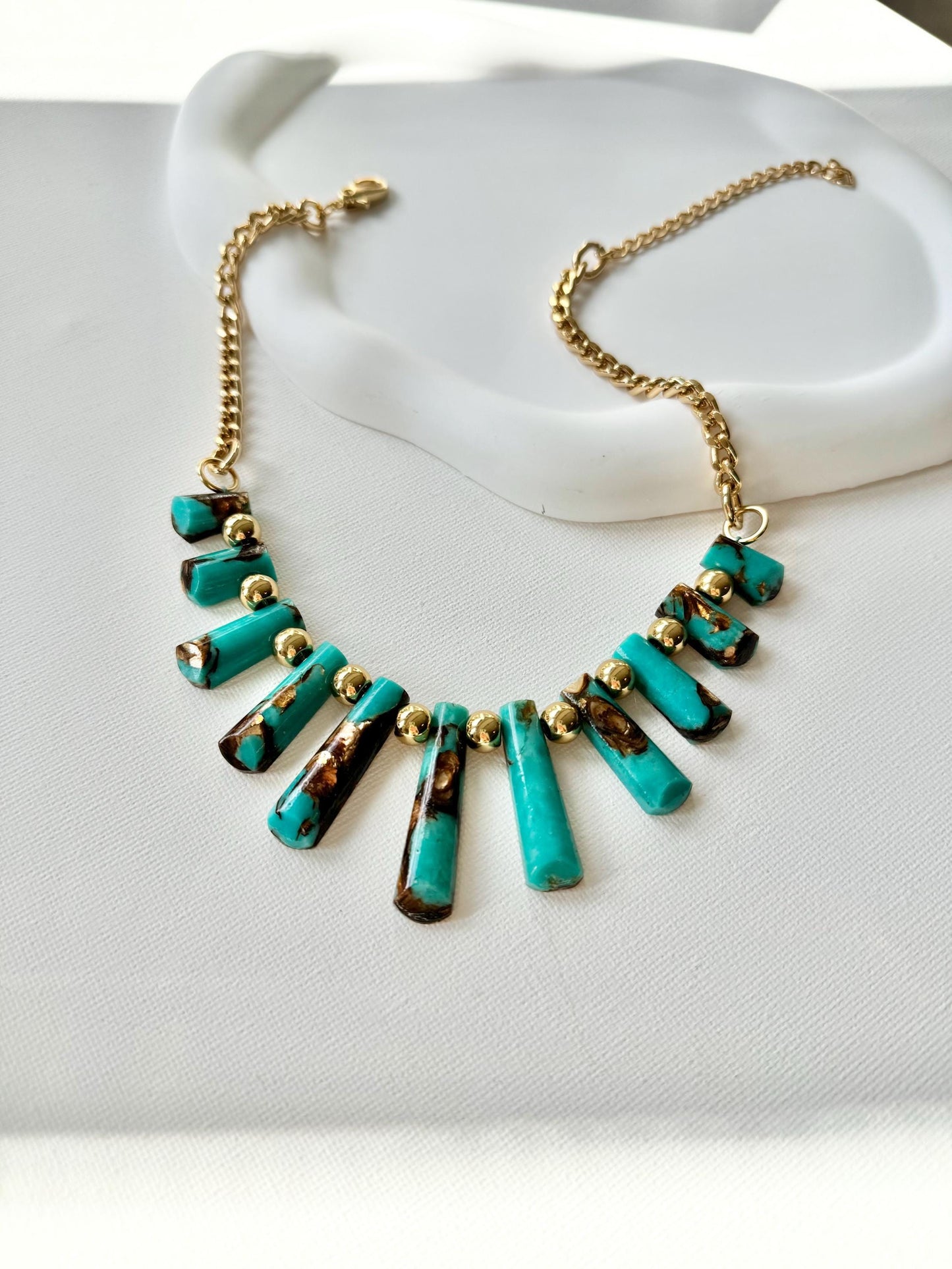 Assembled Bronzite and Synthetic Turquoise Beads Necklace | Graduated Fan Pendants Chain Necklace