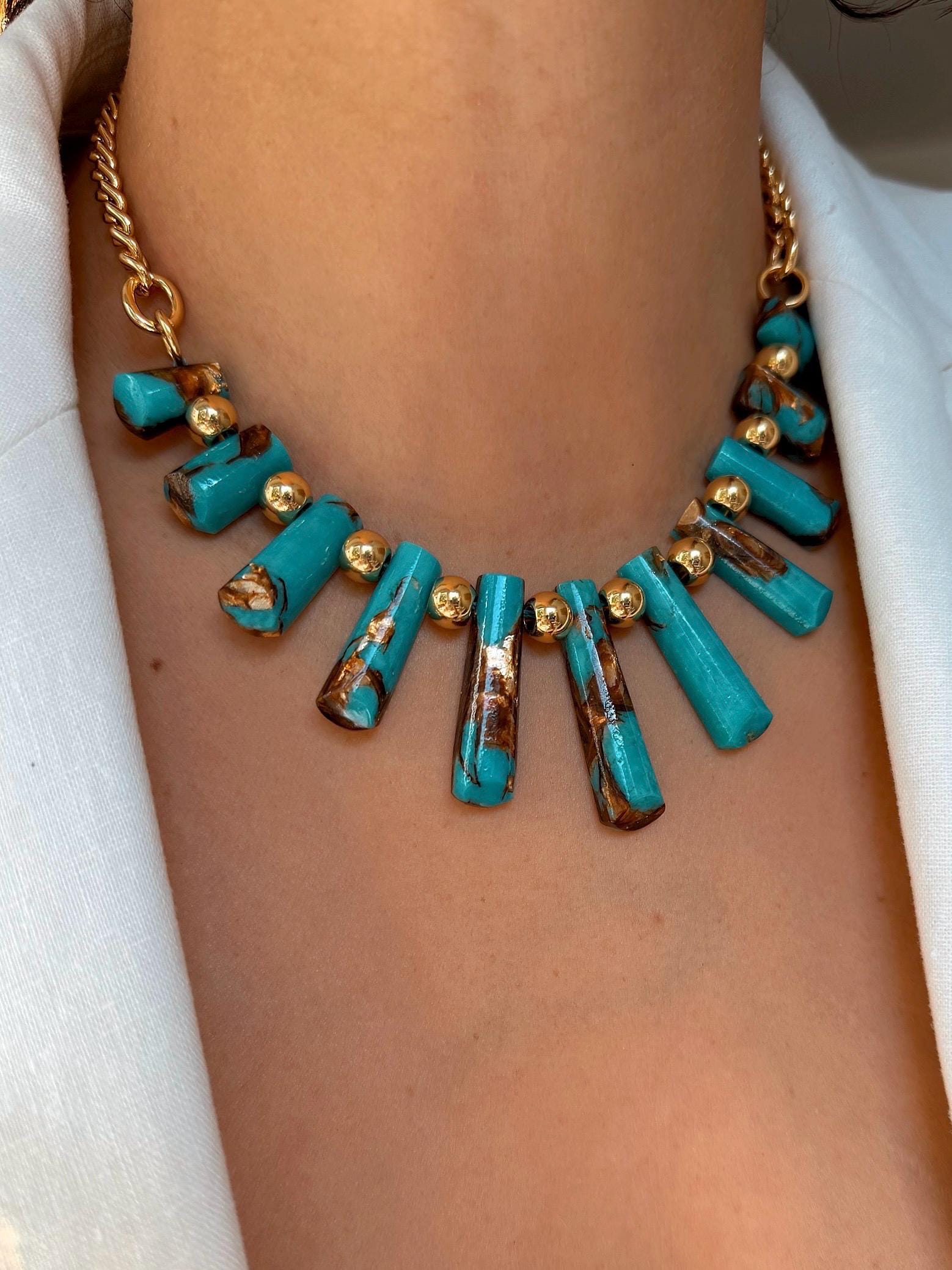 Assembled Bronzite and Synthetic Turquoise Beads Necklace | Graduated Fan Pendants Chain Necklace