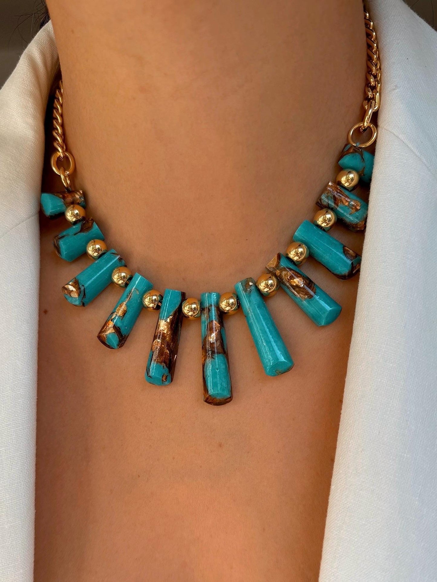 Assembled Bronzite and Synthetic Turquoise Beads Necklace | Graduated Fan Pendants Chain Necklace