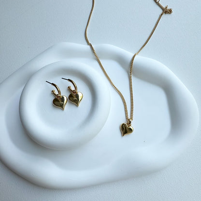 Gold heart charm earrings and necklace set — handmade in Florida by AVINZIA