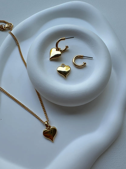 Gold heart charm earrings and necklace set by AVINZIA — handmade coastal jewelry