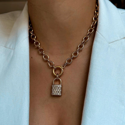 Lock padlock pendant necklace on paperclip chain by AVINZIA