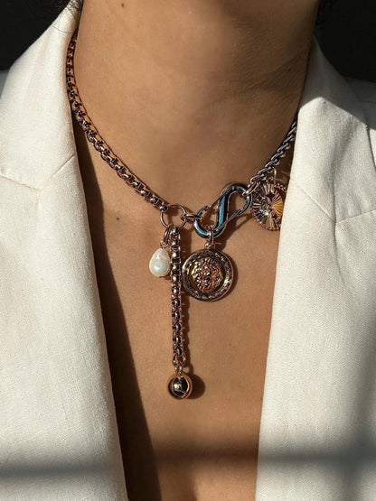 Lion and fish Y lariat necklace with carabiner charm clasp — handmade in Florida by AVINZIA