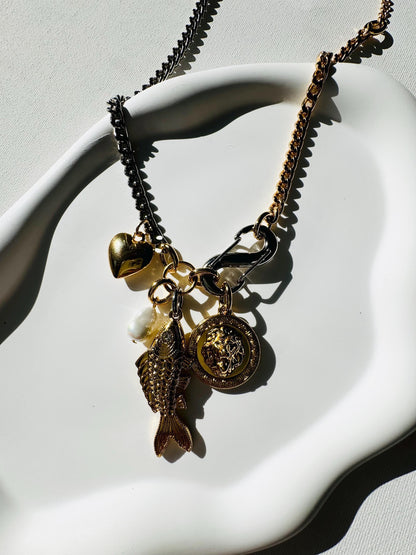 Lion and fish Y lariat necklace with carabiner charm clasp — handmade in Florida by AVINZIA