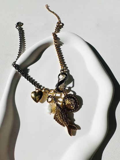 Lion and fish Y lariat necklace with carabiner charm clasp by AVINZIA — handmade coastal jewelry