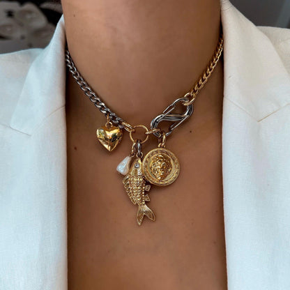 Lion and fish Y lariat necklace with carabiner charm clasp by AVINZIA
