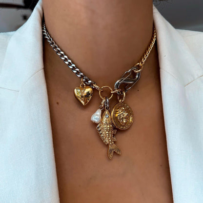 Lion and fish Y lariat necklace with carabiner charm clasp by AVINZIA — handmade coastal jewelry