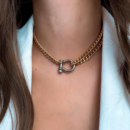 Double chain necklace with horseshoe shackle carabiner clasp by AVINZIA