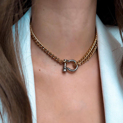 Double chain necklace with horseshoe shackle carabiner clasp — AVINZIA handmade jewelry