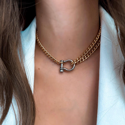 Double chain necklace with horseshoe shackle carabiner clasp by AVINZIA — handmade coastal jewelry