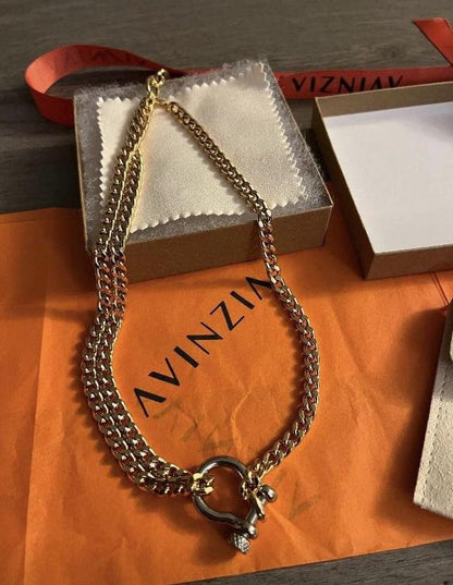 Double chain necklace with horseshoe shackle carabiner clasp — handmade in Florida by AVINZIA