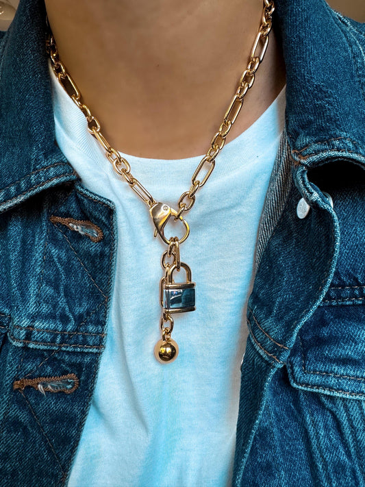 Lock Necklace | Wrecking Ball Charm Padlock Pendant Charm Hardware Necklace Oversized Padlock Necklace Paperclip Chain Chunky Cute Necklace