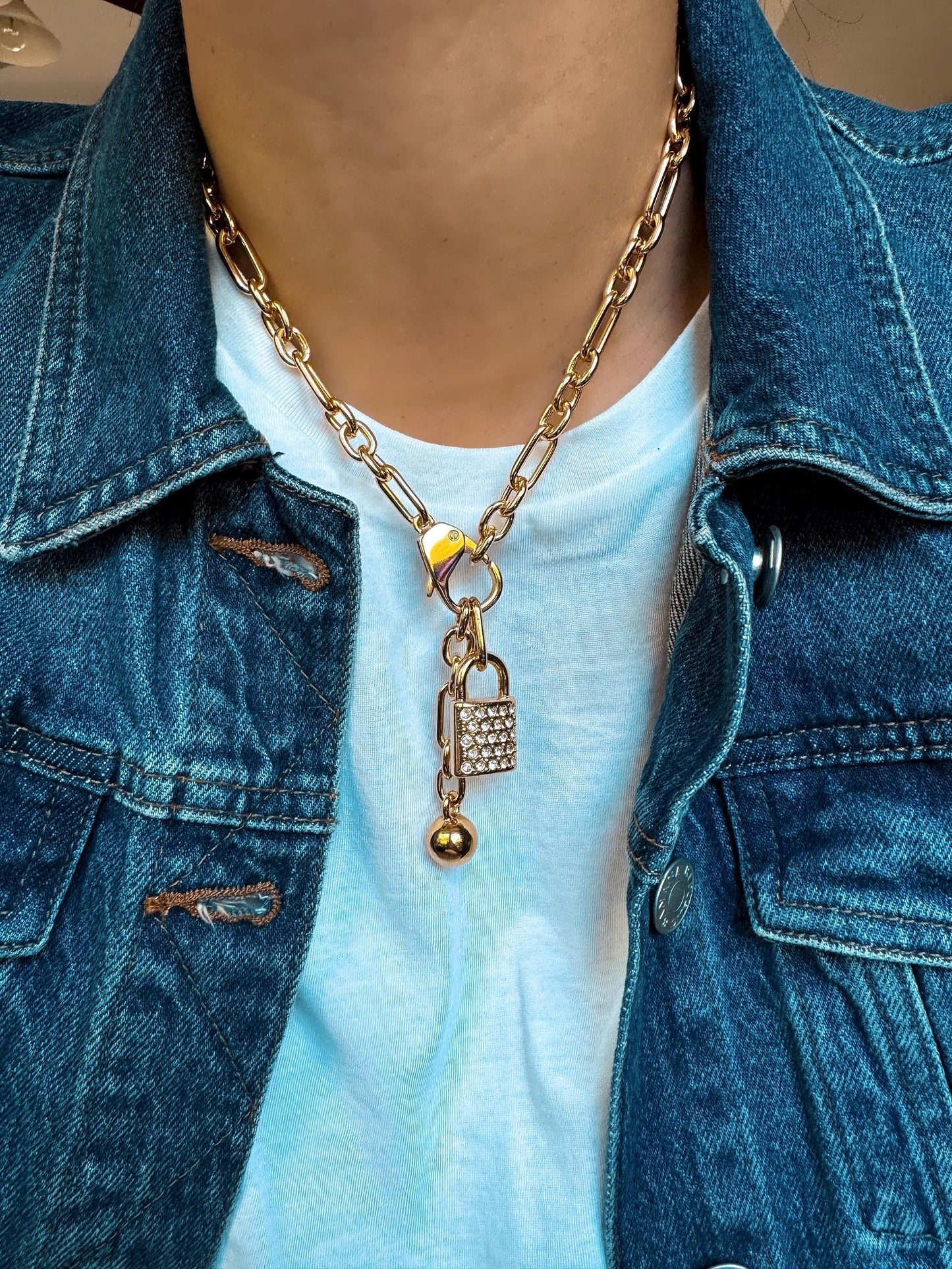 Lock Necklace | Wrecking Ball Charm Padlock Pendant Charm Hardware Necklace Oversized Padlock Necklace Paperclip Chain Chunky Cute Necklace