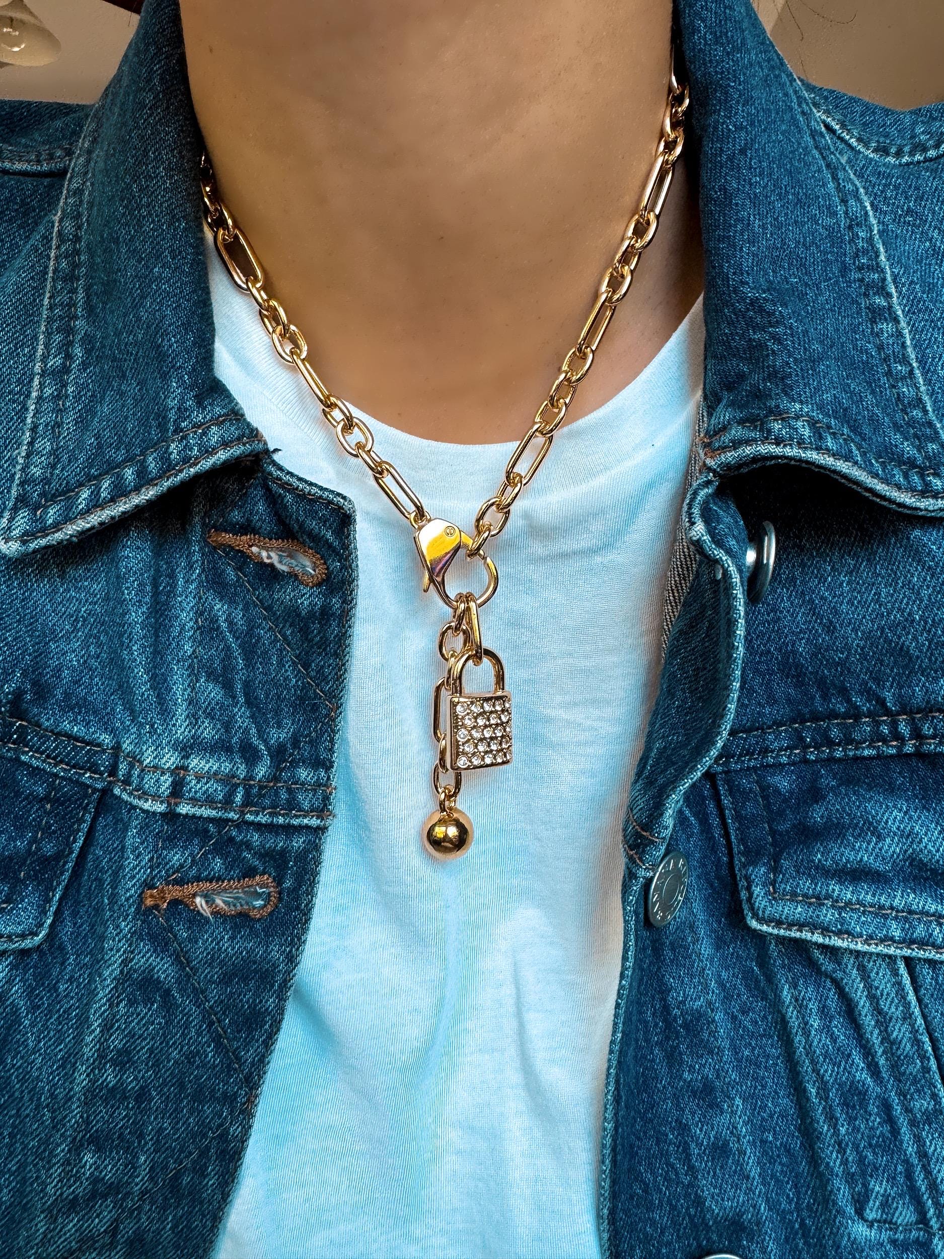 Lock Necklace | Wrecking Ball Charm Padlock Pendant Charm Hardware Necklace Oversized Padlock Necklace Paperclip Chain Chunky Cute Necklace