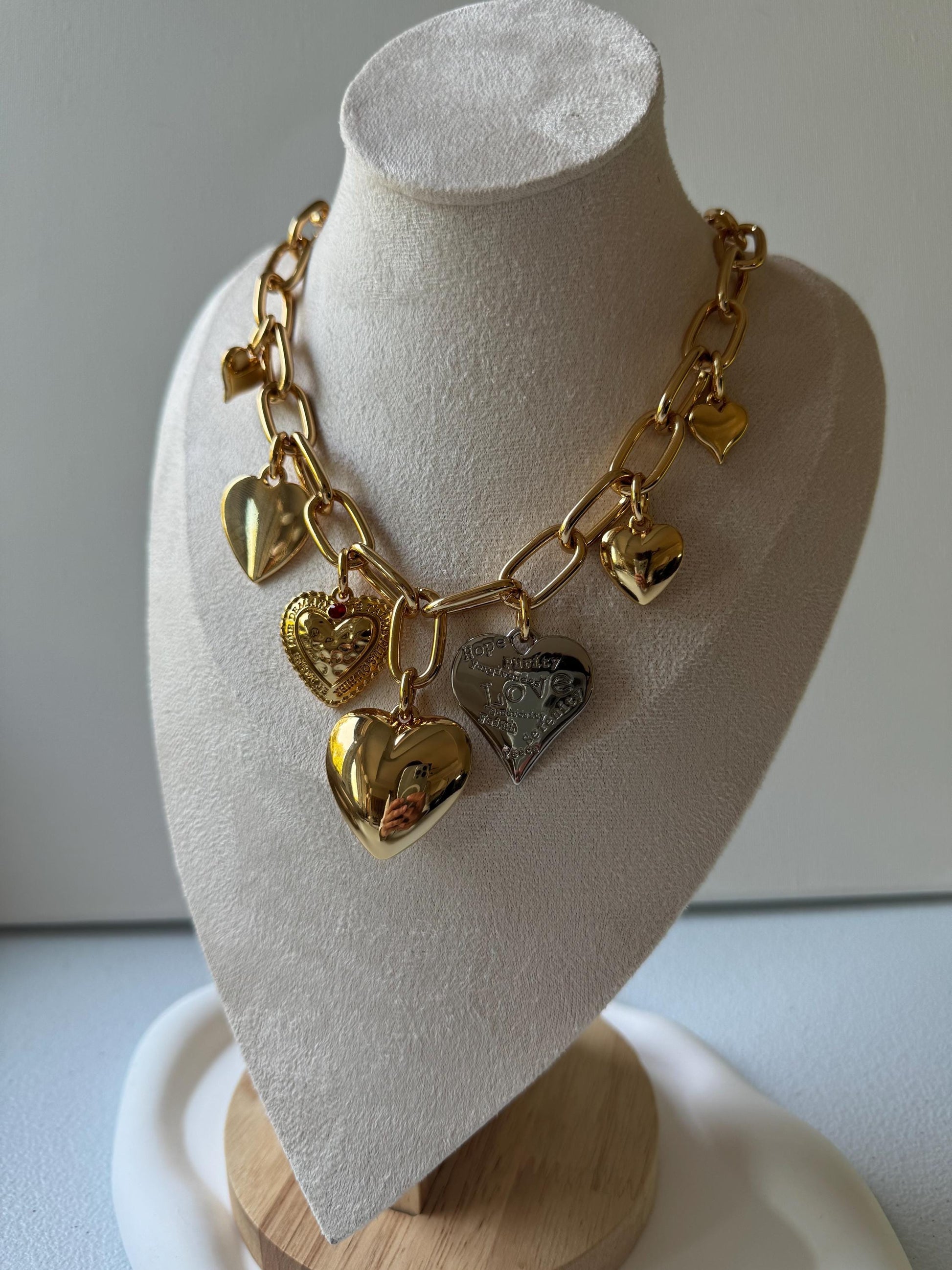 Queen of Hearts Necklace | Heart Charm Necklace | Mixed Hearts Gold Necklace Chain | Christmas Gift for Her | Charms Necklace Jewelry