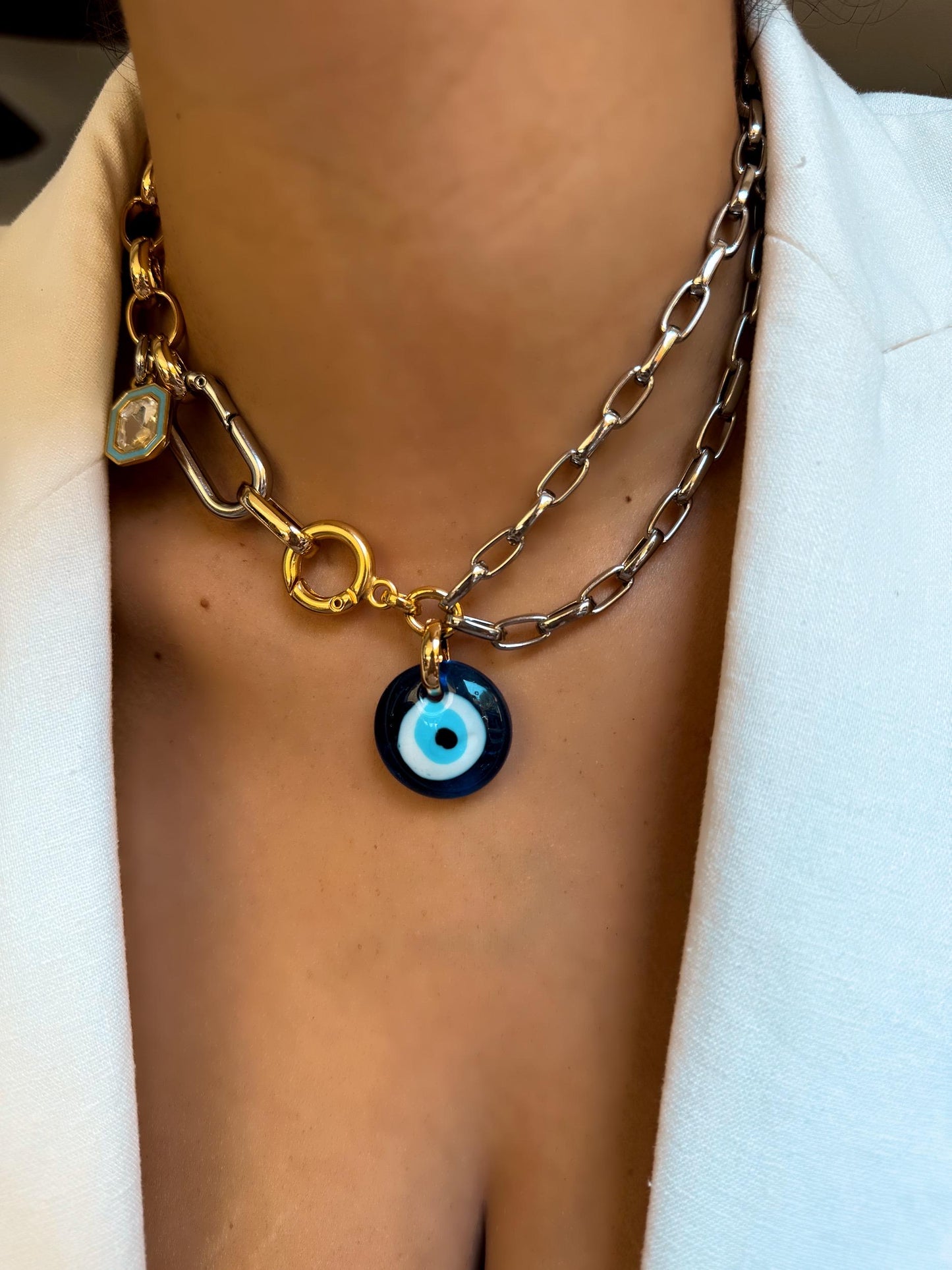 Evil Eye Charm Necklace | Carabiner Convertible Necklace | Multi Charm Chunky Necklace | Mixed Metals Necklace | Lampwork Greek Eye Chain