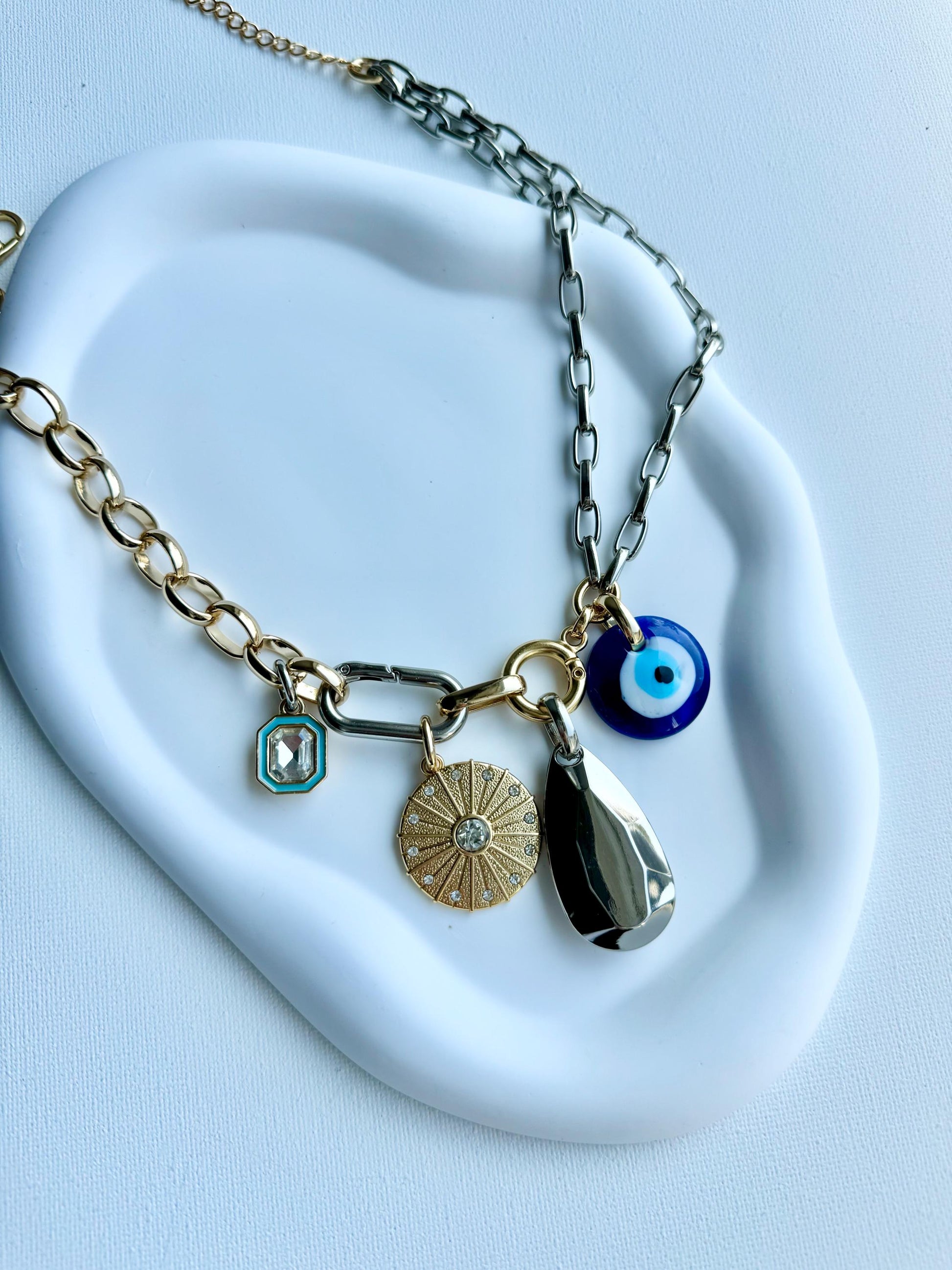 Evil Eye Charm Necklace | Carabiner Convertible Necklace | Multi Charm Chunky Necklace | Mixed Metals Necklace | Lampwork Greek Eye Chain