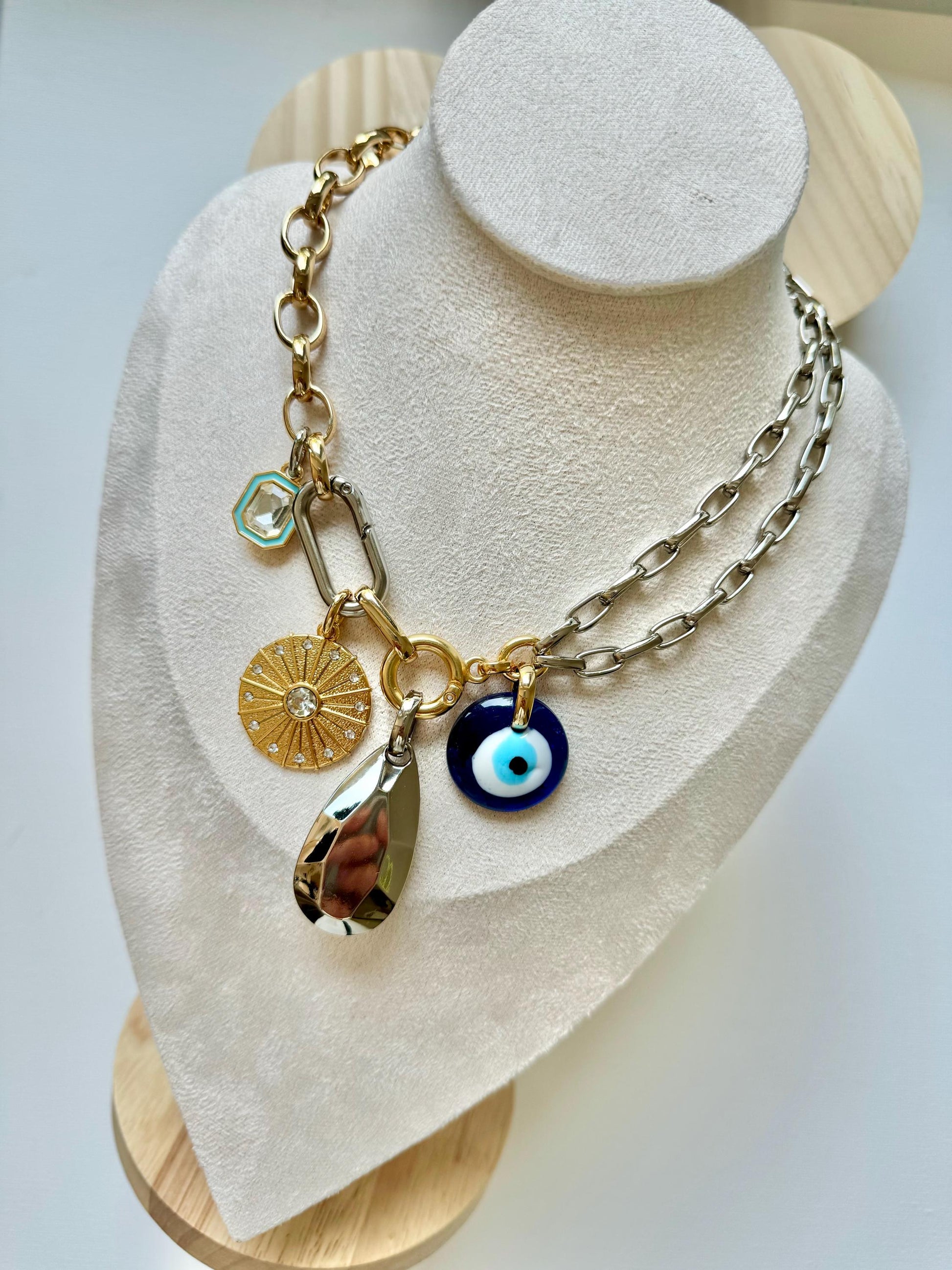 Evil Eye Charm Necklace | Carabiner Convertible Necklace | Multi Charm Chunky Necklace | Mixed Metals Necklace | Lampwork Greek Eye Chain