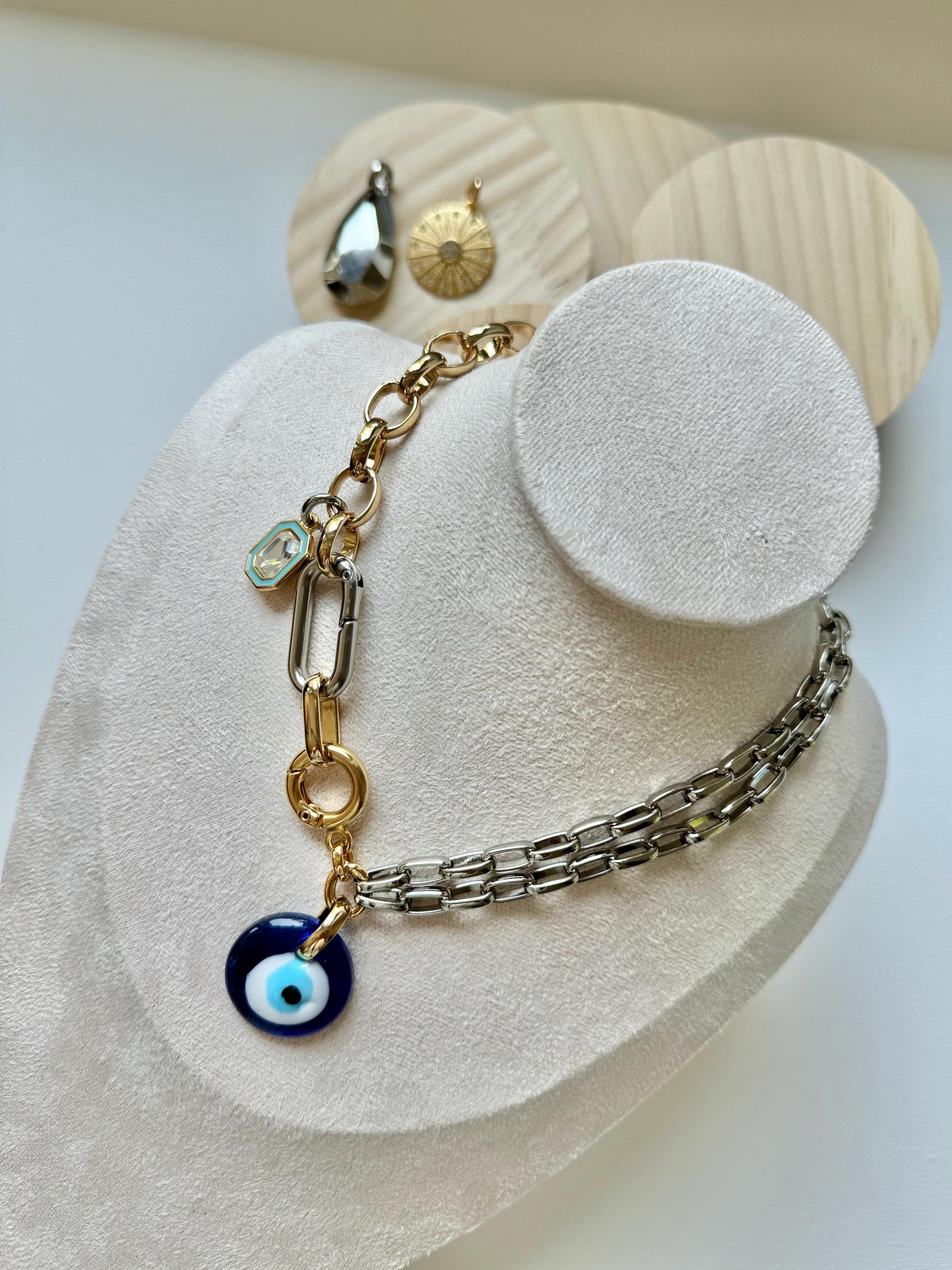 Evil Eye Charm Necklace | Carabiner Convertible Necklace | Multi Charm Chunky Necklace | Mixed Metals Necklace | Lampwork Greek Eye Chain