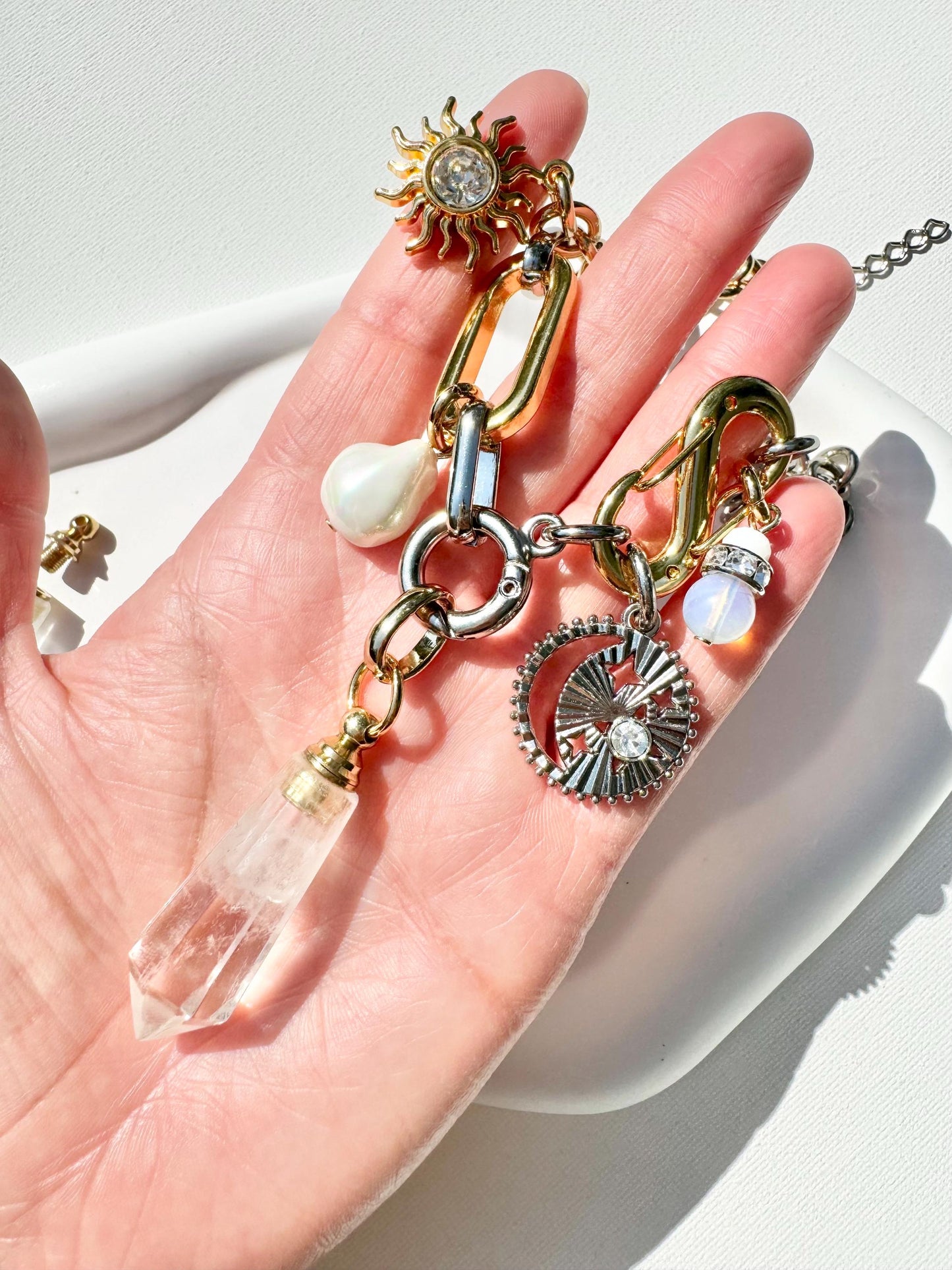 Quartz Crystal Necklace | Sun & Moon Charms | Perfume Bottle Charm Necklace | Mixed Metal Carabiner Necklace | Statement Boho Necklace