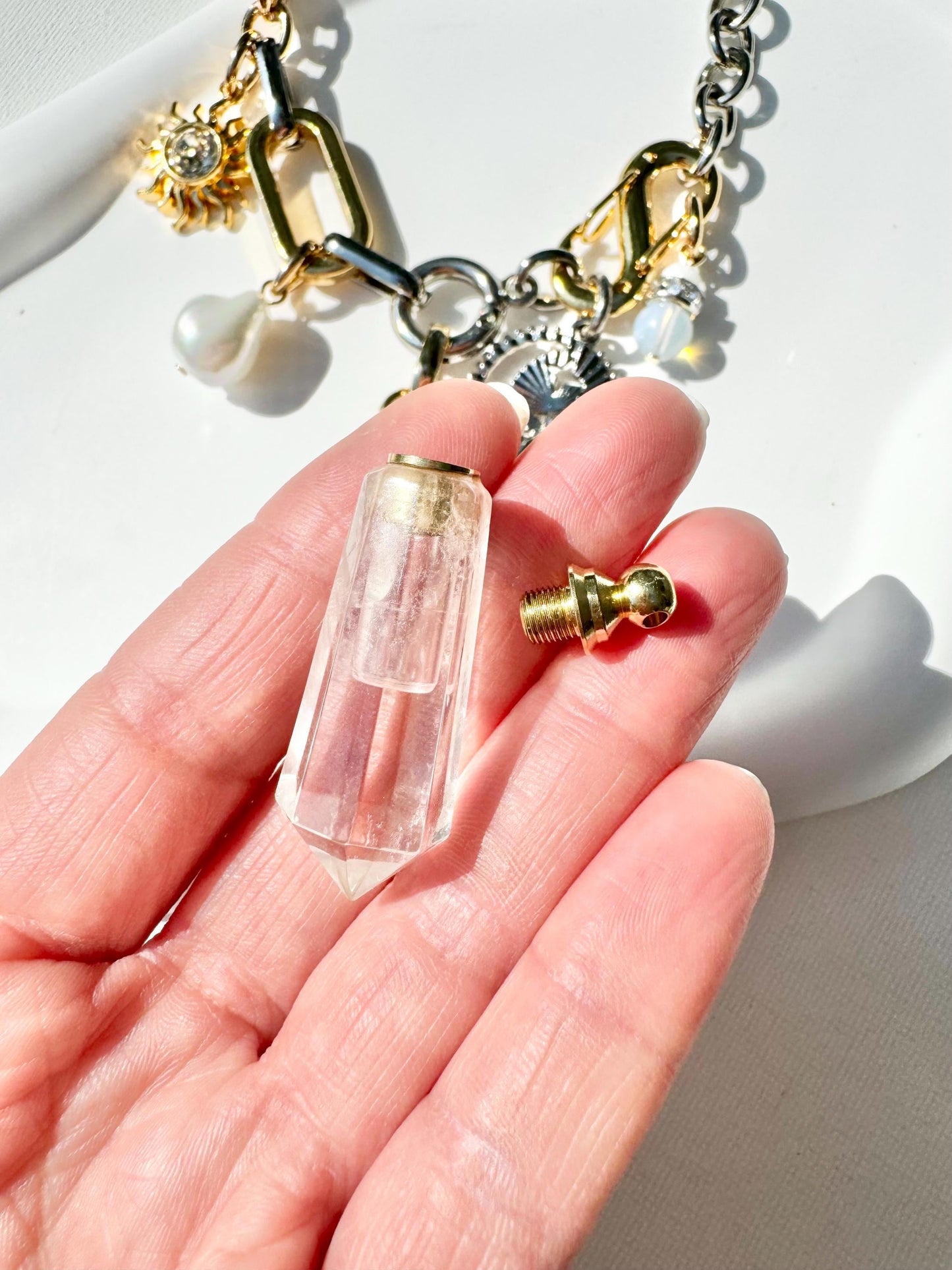 Quartz Crystal Necklace | Sun & Moon Charms | Perfume Bottle Charm Necklace | Mixed Metal Carabiner Necklace | Statement Boho Necklace