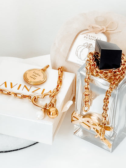 Heart carabiner necklace with chunky gold heart charm choker — handmade in Florida by AVINZIA