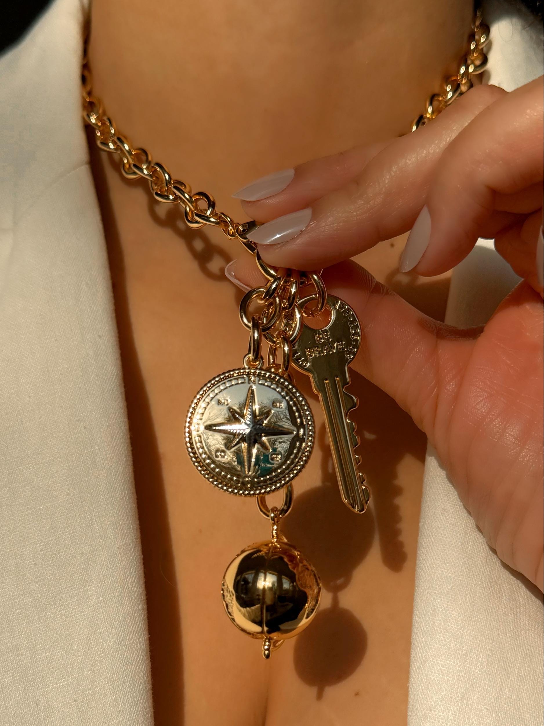 3 in 1 Necklace | Keychain Charm Holder Necklace | Compass Key & World Bag Charm Convertible Necklace | Multifunctional Jewelry Gift for Her