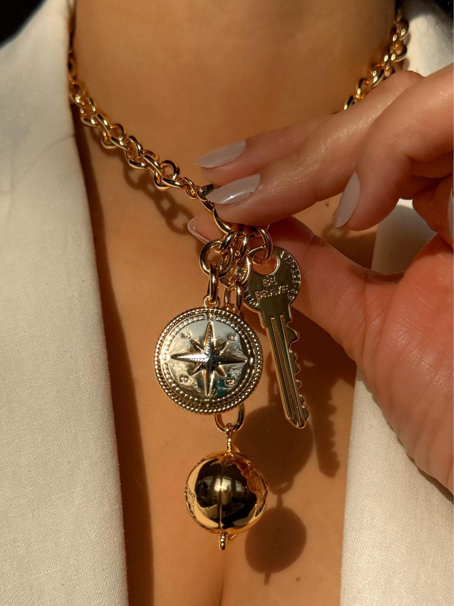 3 in 1 Necklace | Keychain Charm Holder Necklace | Compass Key & World Bag Charm Convertible Necklace | Multifunctional Jewelry Gift for Her