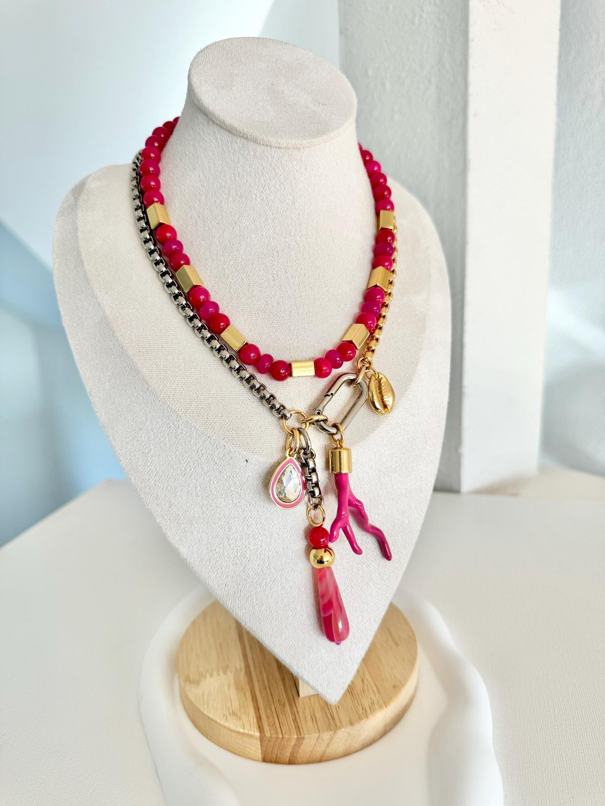 Hot Pink Goddess Necklace | Lariat Charm Necklace | Pink Necklace | Hot Pink Beaded Necklace | Gemstone Necklace