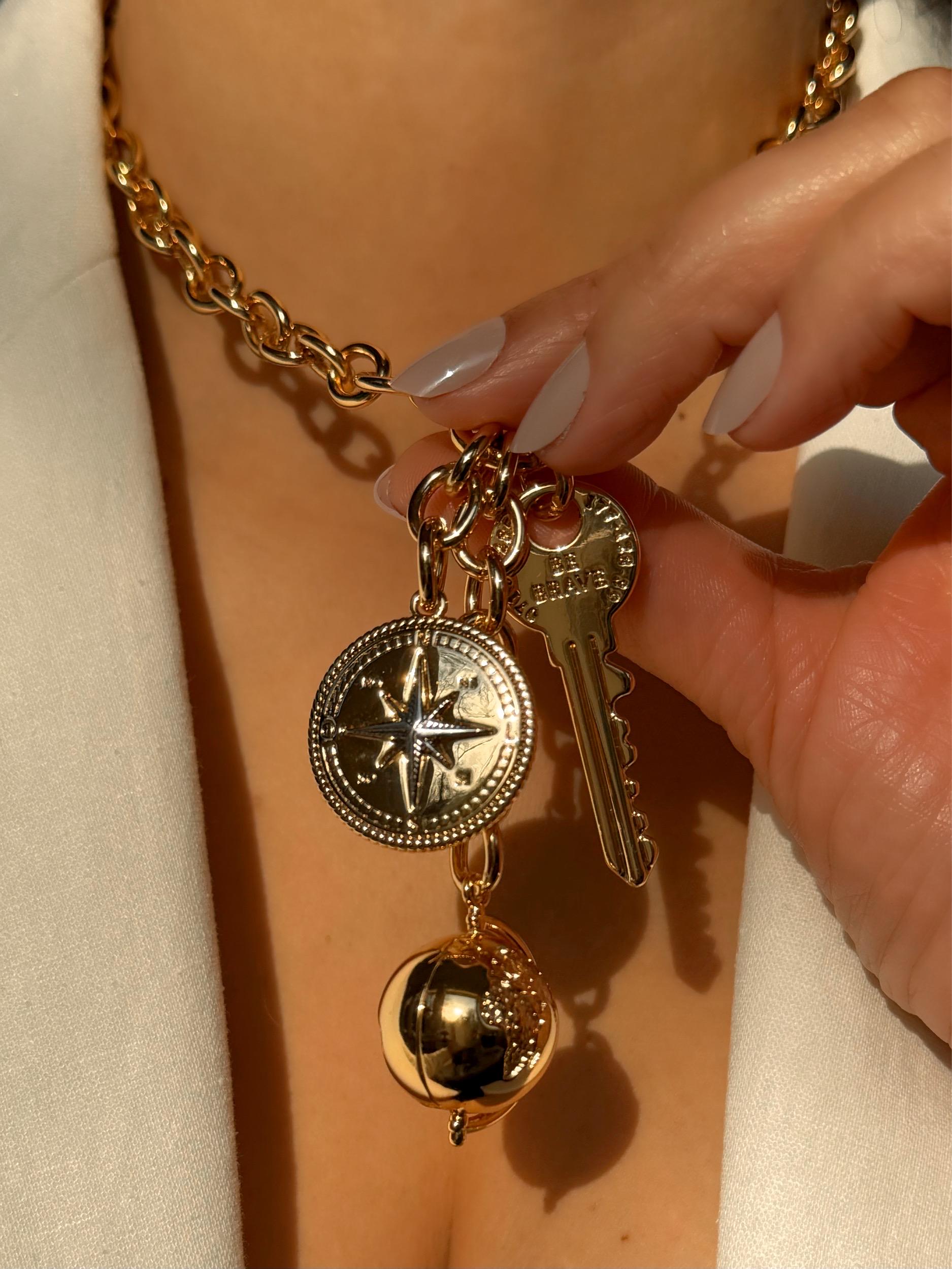 3 in 1 Necklace | Keychain Charm Holder Necklace | Compass Key & World Bag Charm Convertible Necklace | Multifunctional Jewelry Gift for Her