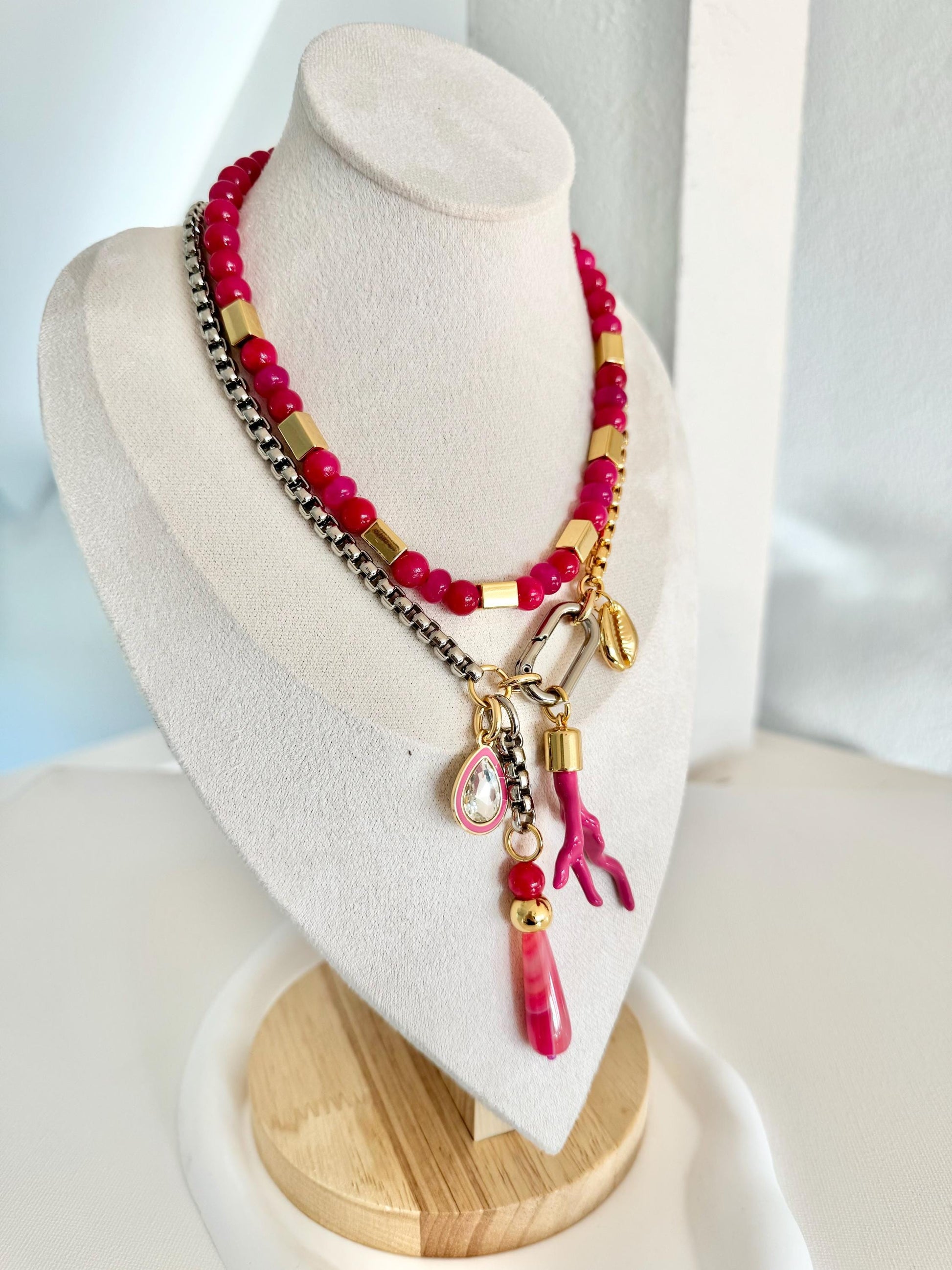 Hot Pink Goddess Necklace | Lariat Charm Necklace | Pink Necklace | Hot Pink Beaded Necklace | Gemstone Necklace