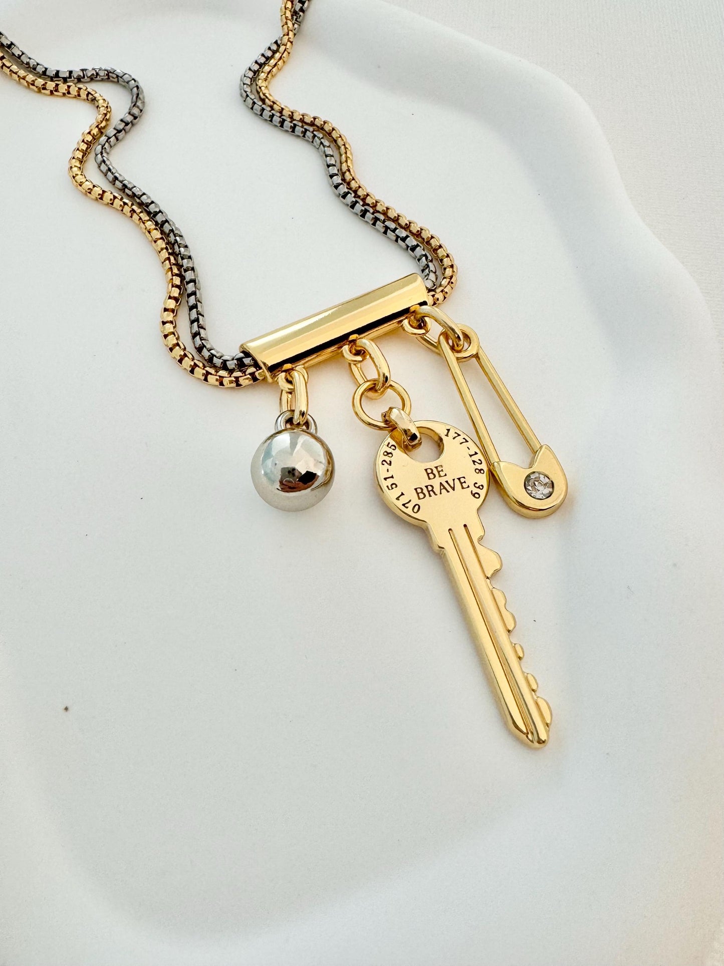 Mixed Metals Necklace | Be Brave Key Charm Necklace | Charm Bar Necklace | Multi Charm Necklace | Double Strand Neckace | Gift for Her